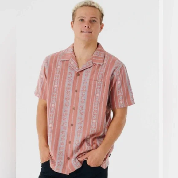 Rip Curl Topanga Short Sleeve Button Up Beach Vacay Shirt Coral - Picture 1 of 9